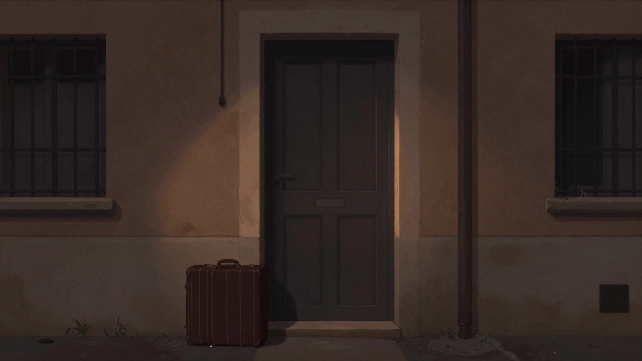 A quiet apartment door in Toulouse at dusk, faint light glowing inside.