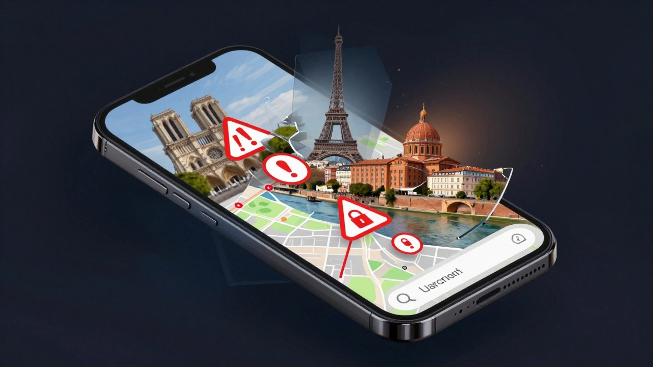 Smartphone screen showing Paris and Toulouse landmarks mixed with warning symbols.