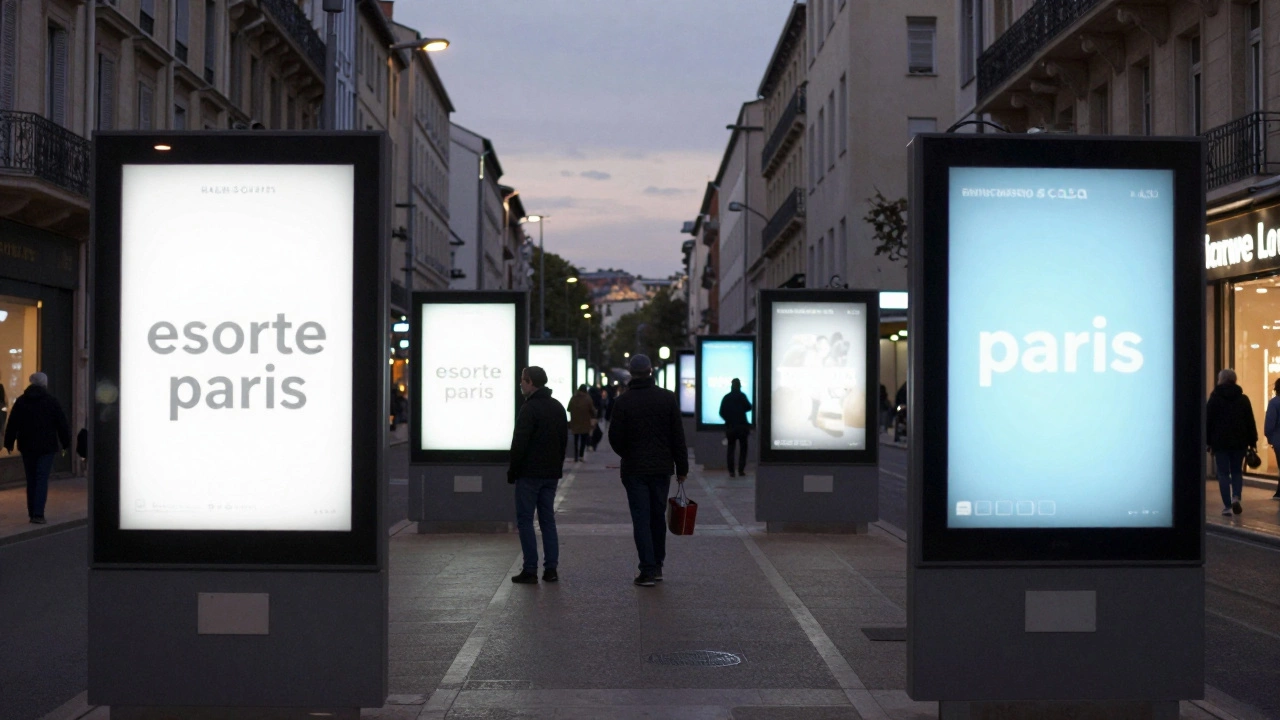 Street scenes in Marseille with blurred escort ads on screens and workers standing under flickering lights.