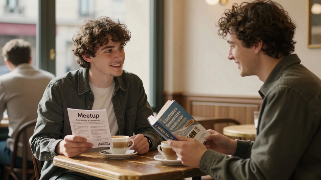 Two people smiling over coffee in a Paris café, one holding a language exchange flyer.